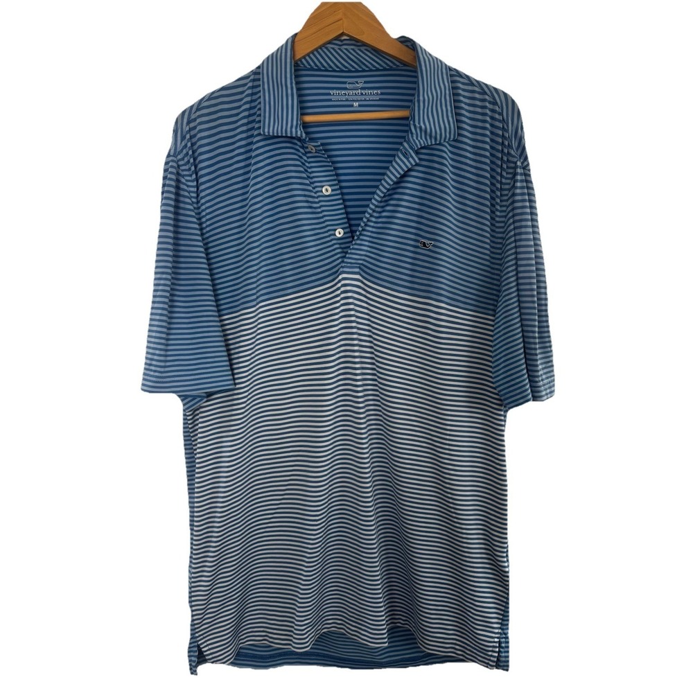 Vineyard Vines Polo Shirt Mens Med Blue Whale Logo Striped Preppy